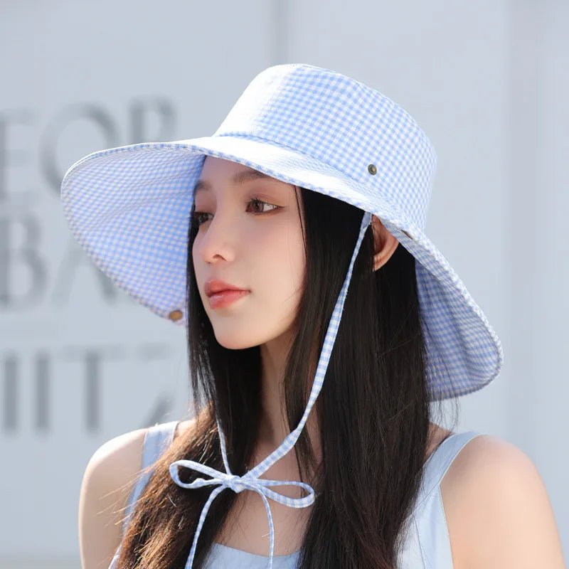Summer Hat for Women Bucket Hat Plaid Wide Brim Sun Hat with Windproof Rope Sunshade Sun Hat Cycling Travel Fisherman Cap Korean - PratSN