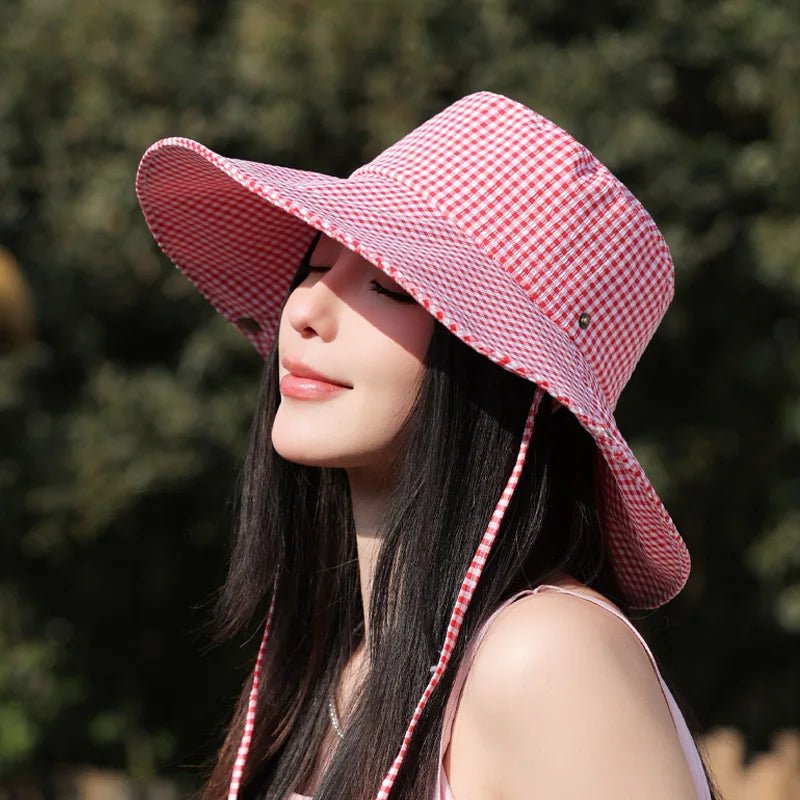 Summer Hat for Women Bucket Hat Plaid Wide Brim Sun Hat with Windproof Rope Sunshade Sun Hat Cycling Travel Fisherman Cap Korean - PratSN