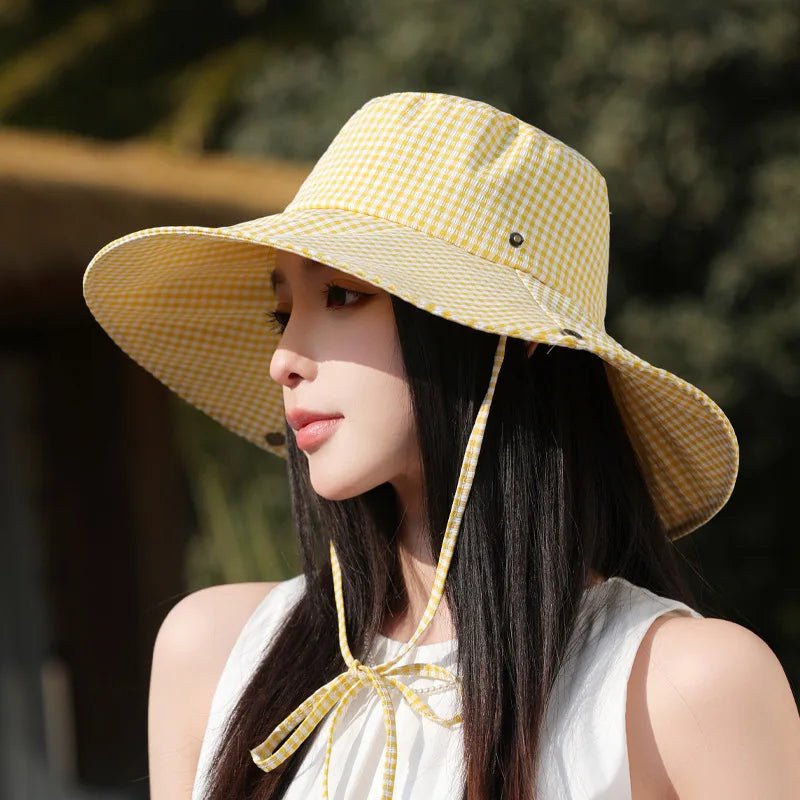 Summer Hat for Women Bucket Hat Plaid Wide Brim Sun Hat with Windproof Rope Sunshade Sun Hat Cycling Travel Fisherman Cap Korean - PratSN