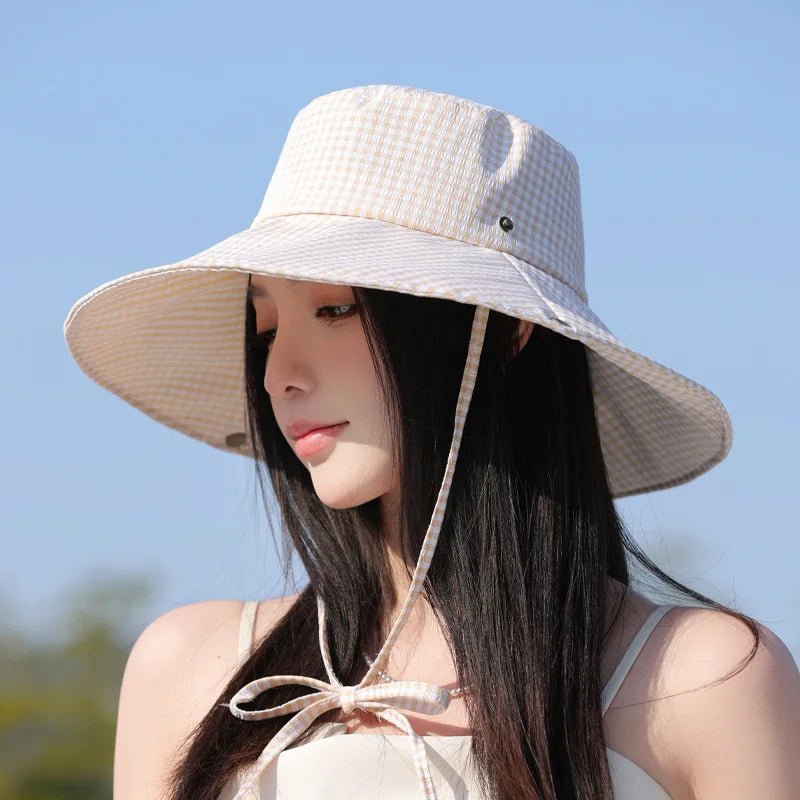 Summer Hat for Women Bucket Hat Plaid Wide Brim Sun Hat with Windproof Rope Sunshade Sun Hat Cycling Travel Fisherman Cap Korean - PratSN