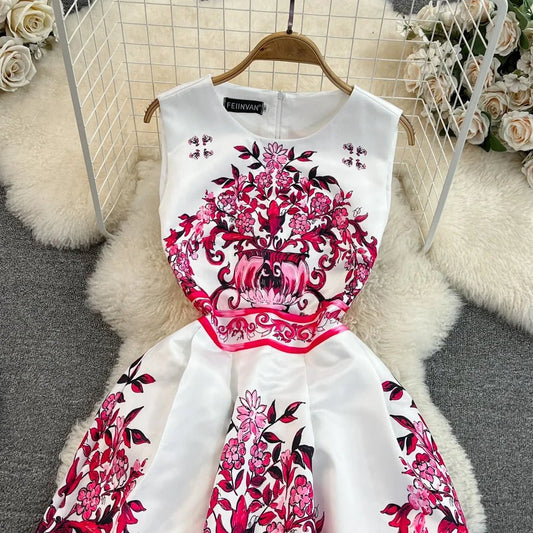 Summer High Luxury Sleeveless Round Neck Waisted A - line Fashion Printed Casual Dresses - PratSN