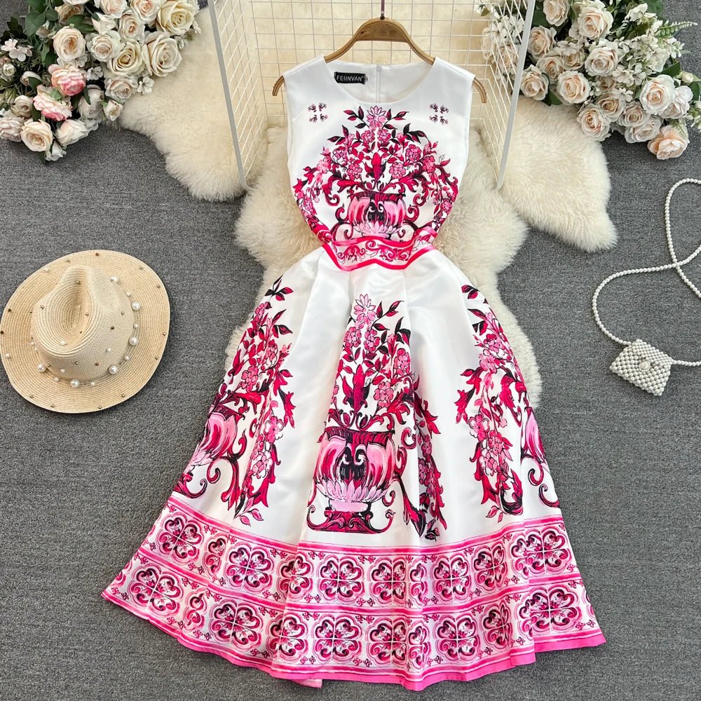 Summer High Luxury Sleeveless Round Neck Waisted A - line Fashion Printed Casual Dresses - PratSN