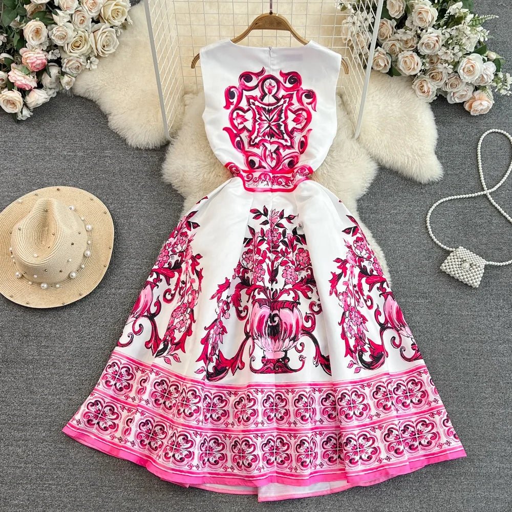 Summer High Luxury Sleeveless Round Neck Waisted A - line Fashion Printed Casual Dresses - PratSN