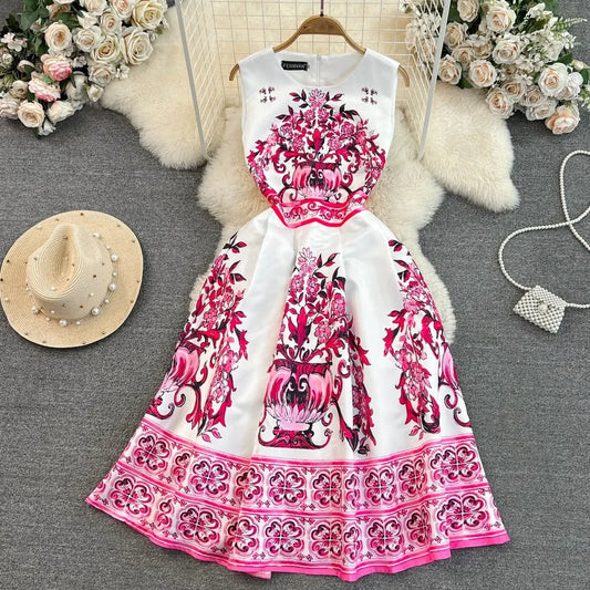 Summer High Luxury Sleeveless Round Neck Waisted A - line Fashion Printed Casual Dresses - PratSN
