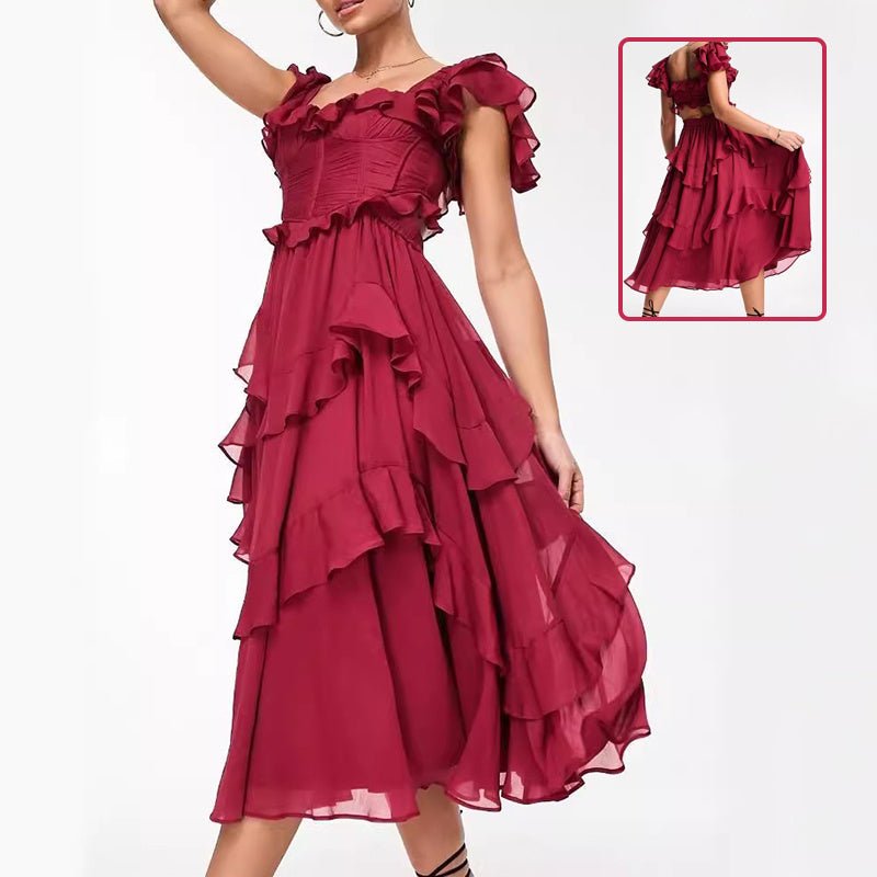 Summer Holiday Ruffled Short - sleeved Dress Fashion Backless Square Neck Long Dresses For Party Womens Clothing - PratSN