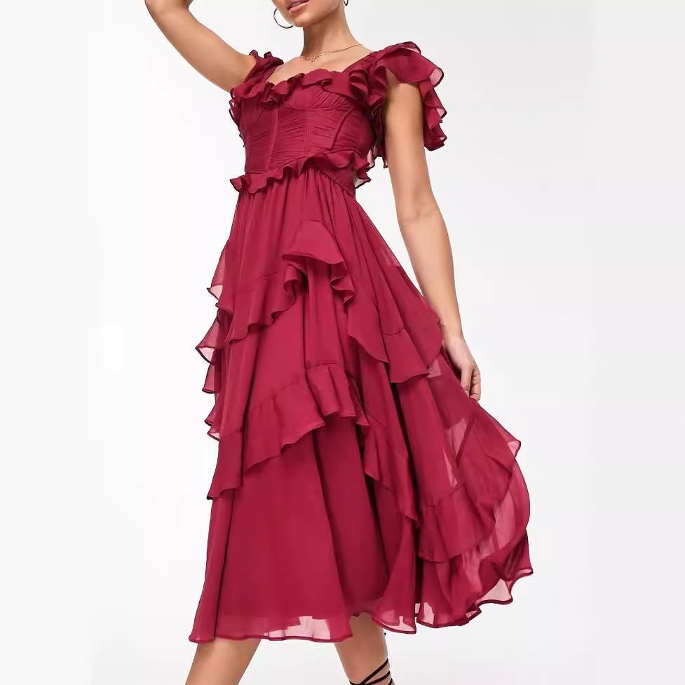 Summer Holiday Ruffled Short - sleeved Dress Fashion Backless Square Neck Long Dresses For Party Womens Clothing - PratSN