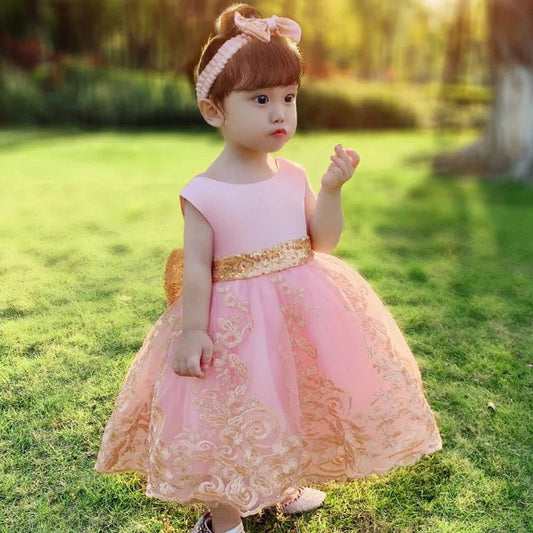 Summer Kids Girls Party Dress Sleeveless Sequins Sashes Princess Dress Wedding Perform Birthday E8557 - PratSN