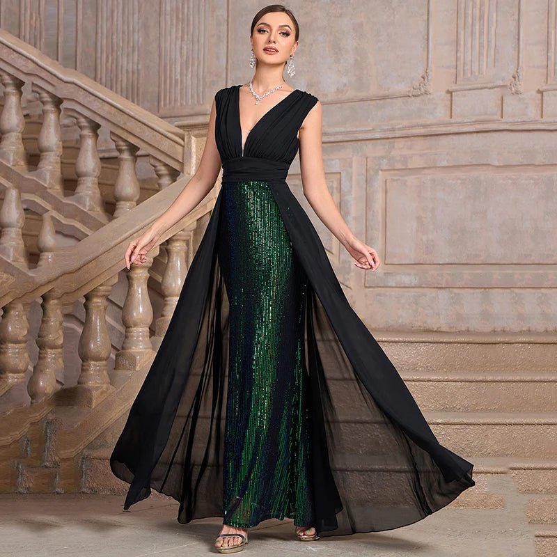 Summer Luxury Banquet Party Dresses for Women Fashion Sexy Deep V Neck Sleeveless Splicing Sequin High Waist Slim Long Dress - PratSN