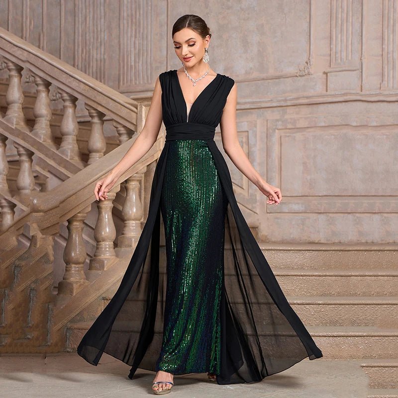 Summer Luxury Banquet Party Dresses for Women Fashion Sexy Deep V Neck Sleeveless Splicing Sequin High Waist Slim Long Dress - PratSN