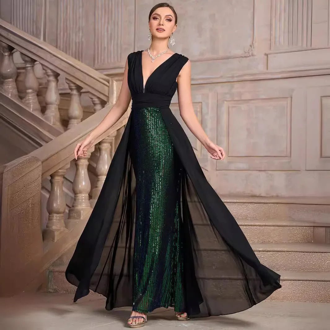 Summer Luxury Banquet Party Dresses for Women Fashion Sexy Deep V Neck Sleeveless Splicing Sequin High Waist Slim Long Dress - PratSN