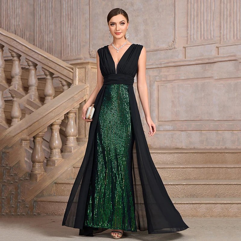 Summer Luxury Banquet Party Dresses for Women Fashion Sexy Deep V Neck Sleeveless Splicing Sequin High Waist Slim Long Dress - PratSN