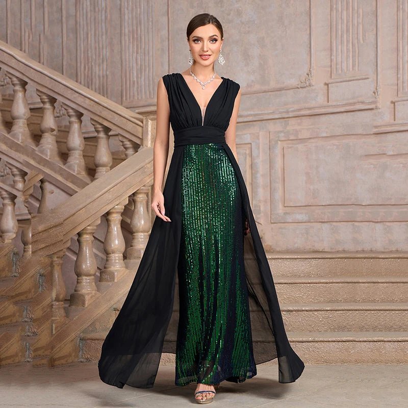 Summer Luxury Banquet Party Dresses for Women Fashion Sexy Deep V Neck Sleeveless Splicing Sequin High Waist Slim Long Dress - PratSN