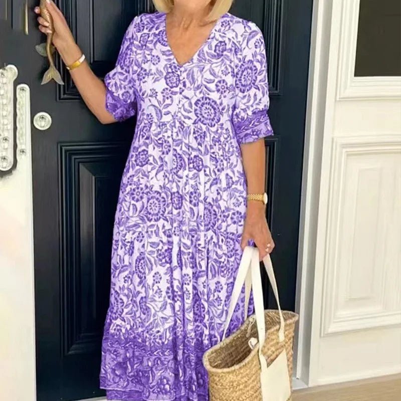Summer New Fashion V - neck Short Sleeve Midi Dress Women Fashion Floral Printing Elegant Dresses Female Casual Loose Vestidos - PratSN