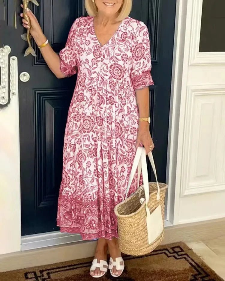 Summer New Fashion V - neck Short Sleeve Midi Dress Women Fashion Floral Printing Elegant Dresses Female Casual Loose Vestidos - PratSN