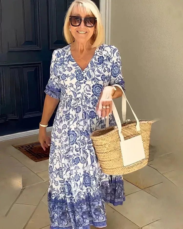 Summer New Fashion V - neck Short Sleeve Midi Dress Women Fashion Floral Printing Elegant Dresses Female Casual Loose Vestidos - PratSN