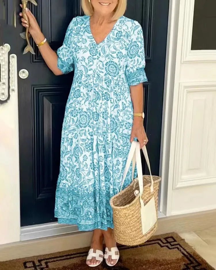 Summer New Fashion V - neck Short Sleeve Midi Dress Women Fashion Floral Printing Elegant Dresses Female Casual Loose Vestidos - PratSN