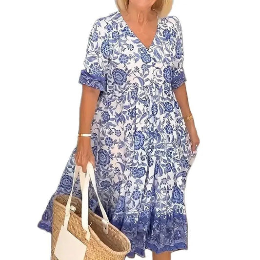 Summer New Fashion V - neck Short Sleeve Midi Dress Women Fashion Floral Printing Elegant Dresses Female Casual Loose Vestidos - PratSN