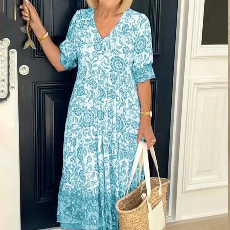 Summer New Fashion V - neck Short Sleeve Midi Dress Women Fashion Floral Printing Elegant Dresses Female Casual Loose Vestidos - PratSN