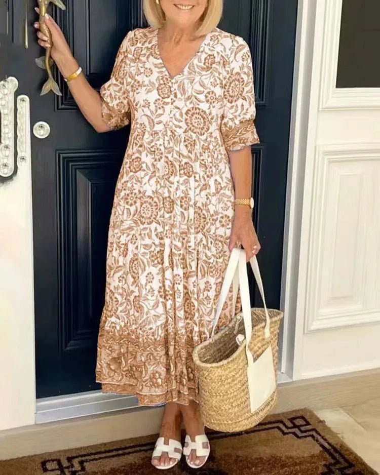 Summer New Fashion V - neck Short Sleeve Midi Dress Women Fashion Floral Printing Elegant Dresses Female Casual Loose Vestidos - PratSN