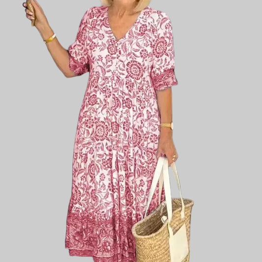 Summer New Fashion V - neck Short Sleeve Midi Dress Women Fashion Floral Printing Elegant Dresses Female Casual Loose Vestidos - PratSN