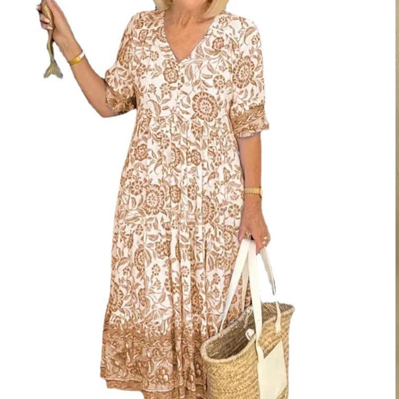 Summer New Fashion V - neck Short Sleeve Midi Dress Women Fashion Floral Printing Elegant Dresses Female Casual Loose Vestidos - PratSN