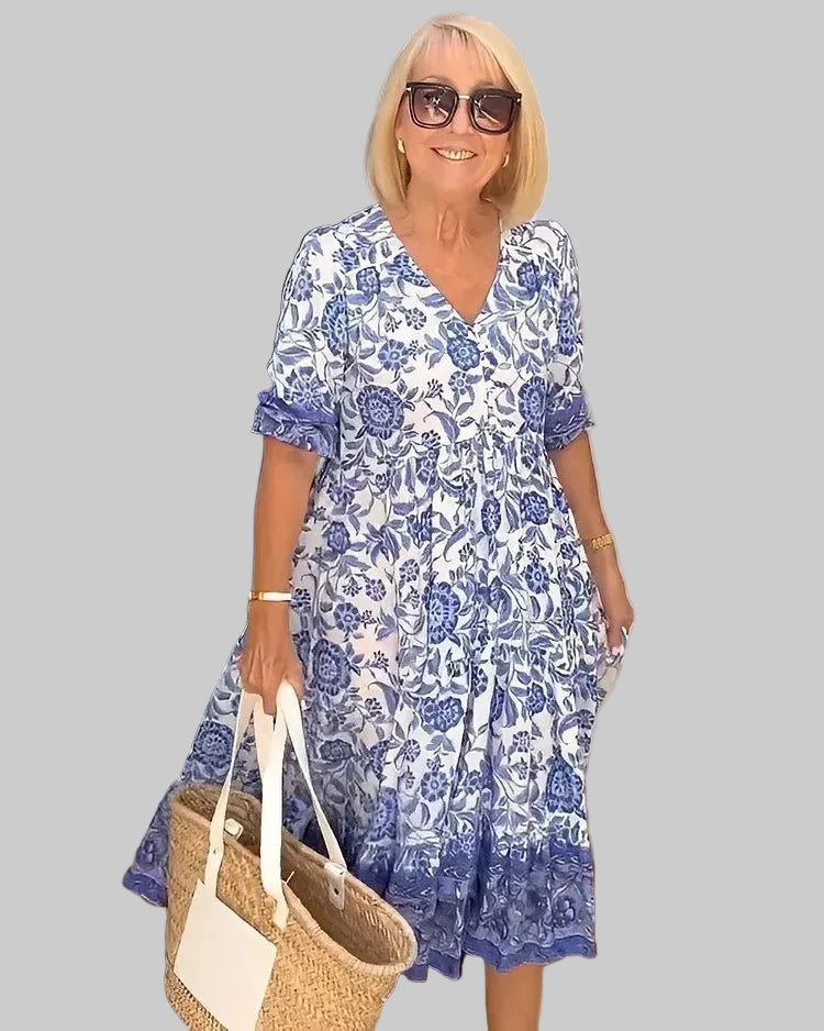 Summer New Fashion V - neck Short Sleeve Midi Dress Women Fashion Floral Printing Elegant Dresses Female Casual Loose Vestidos - PratSN