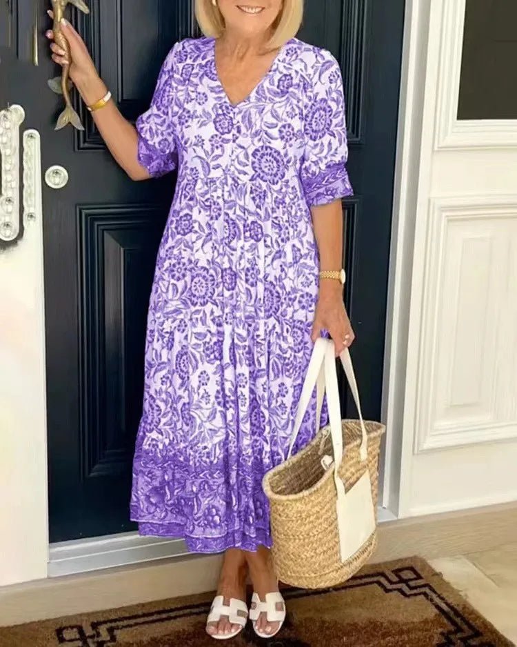 Summer New Fashion V - neck Short Sleeve Midi Dress Women Fashion Floral Printing Elegant Dresses Female Casual Loose Vestidos - PratSN