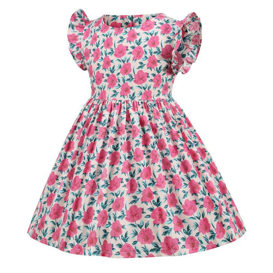 Summer New Style Round Neck Fashion Small Flying Sleeve Printed Cotton Short - sleeved Girl Dress - PratSN