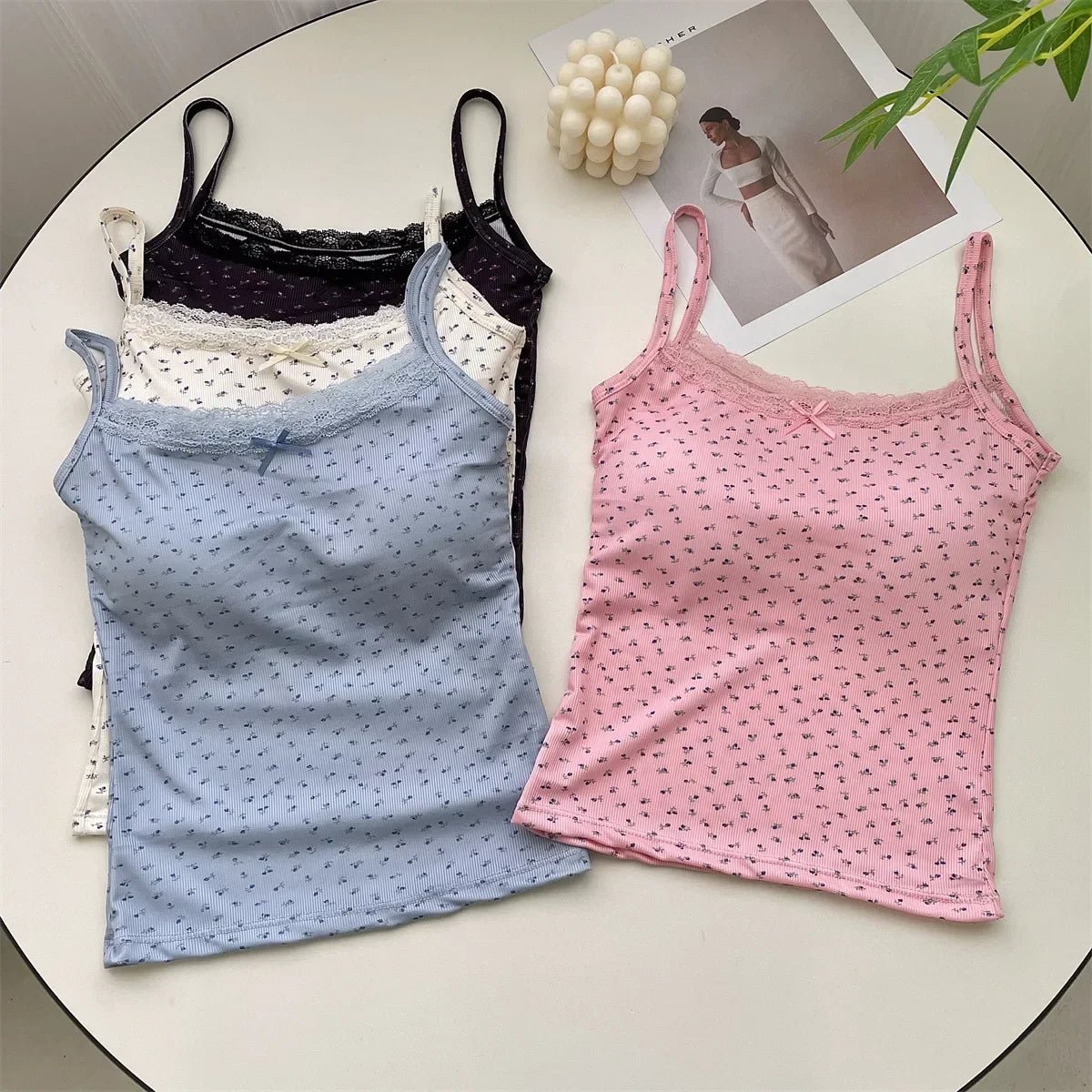 Summer Print Crop Tops for Women Bow Lace Camisole Sexy Backless Vest with Padded Basic Tank Top Bm Style Camis Y2k Streetwear - PratSN