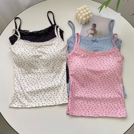Summer Print Crop Tops for Women Bow Lace Camisole Sexy Backless Vest with Padded Basic Tank Top Bm Style Camis Y2k Streetwear - PratSN