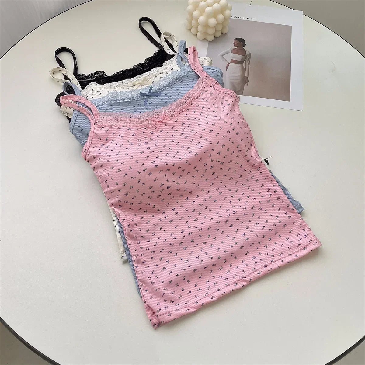 Summer Print Crop Tops for Women Bow Lace Camisole Sexy Backless Vest with Padded Basic Tank Top Bm Style Camis Y2k Streetwear - PratSN