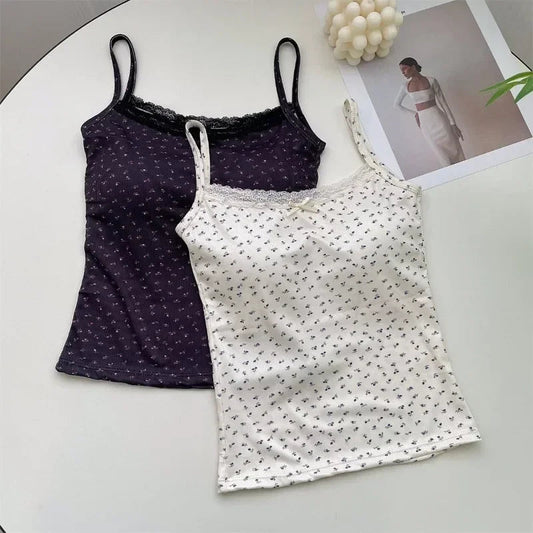 Summer Print Crop Tops for Women Bow Lace Camisole Sexy Backless Vest with Padded Basic Tank Top Bm Style Camis Y2k Streetwear - PratSN