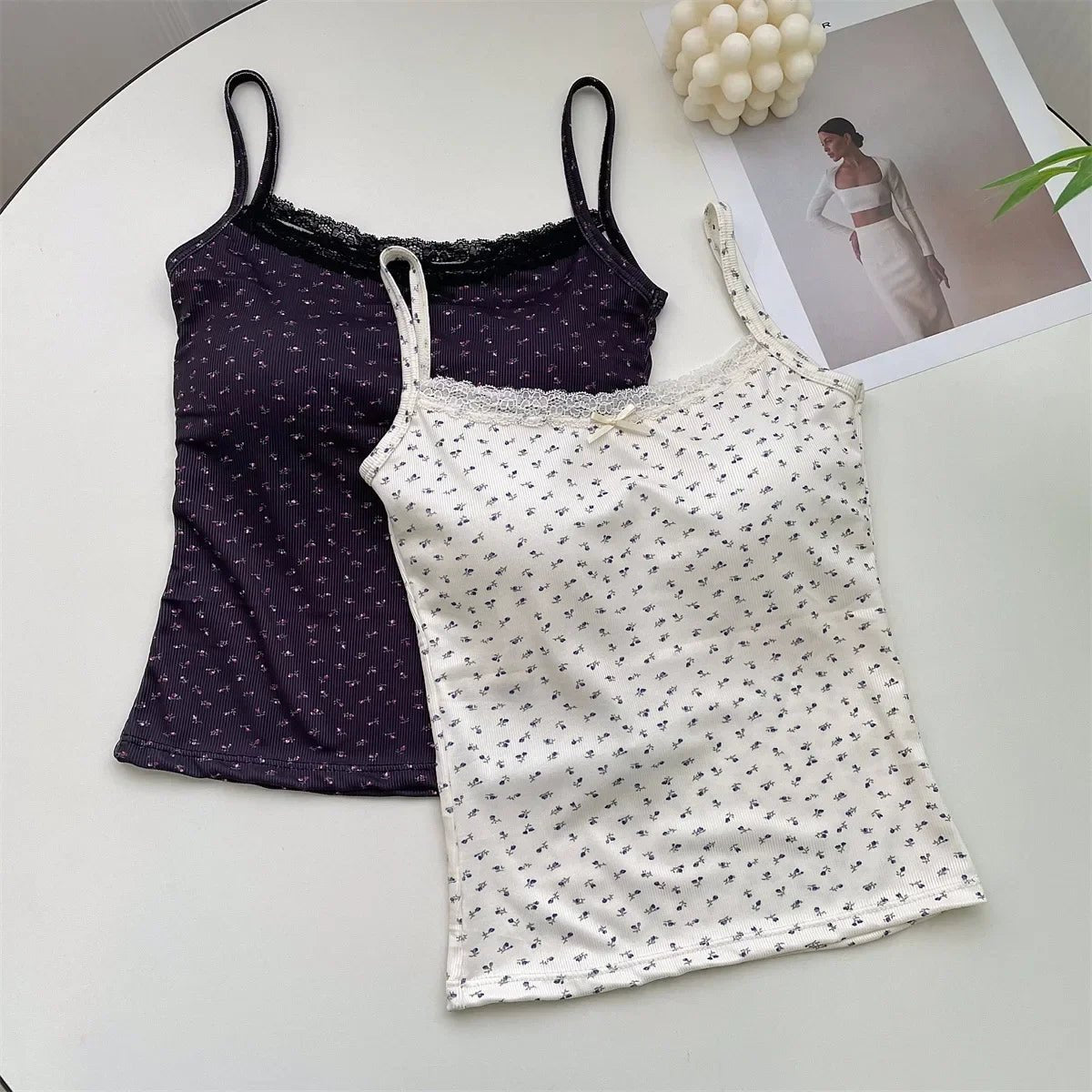 Summer Print Crop Tops for Women Bow Lace Camisole Sexy Backless Vest with Padded Basic Tank Top Bm Style Camis Y2k Streetwear - PratSN