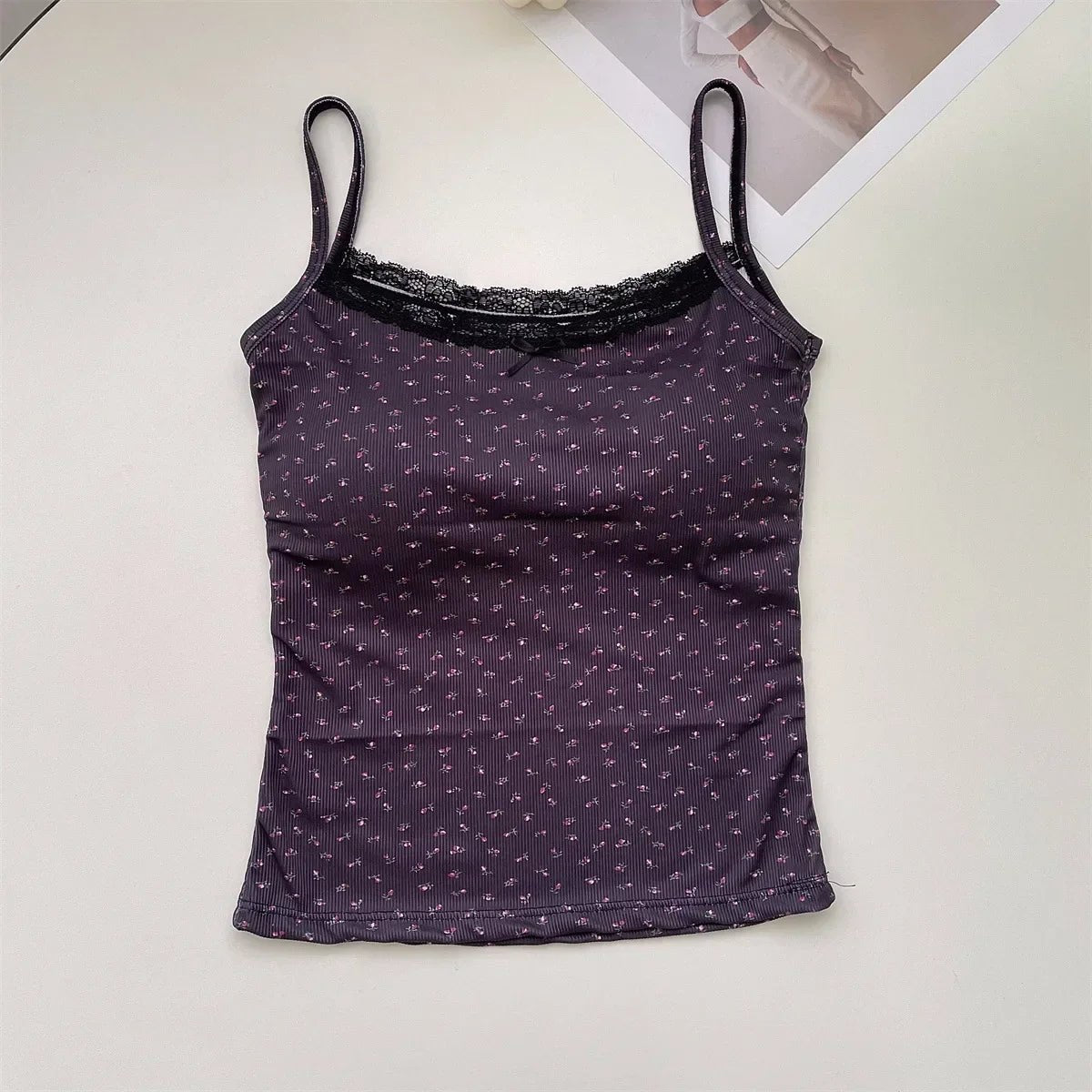 Summer Print Crop Tops for Women Bow Lace Camisole Sexy Backless Vest with Padded Basic Tank Top Bm Style Camis Y2k Streetwear - PratSN