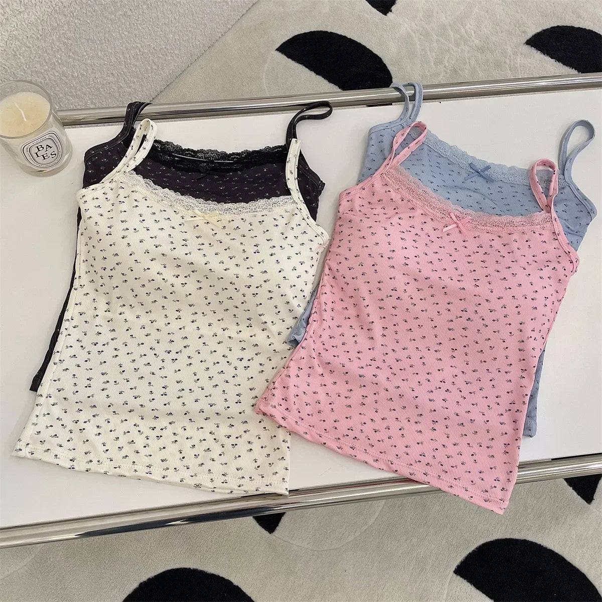 Summer Print Crop Tops for Women Bow Lace Camisole Sexy Backless Vest with Padded Basic Tank Top Bm Style Camis Y2k Streetwear - PratSN