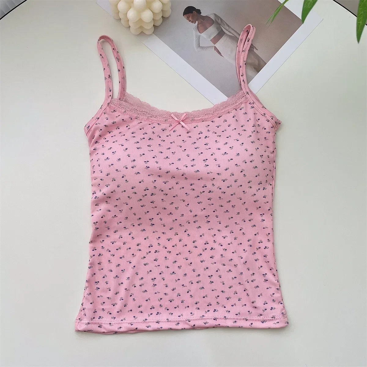 Summer Print Crop Tops for Women Bow Lace Camisole Sexy Backless Vest with Padded Basic Tank Top Bm Style Camis Y2k Streetwear - PratSN