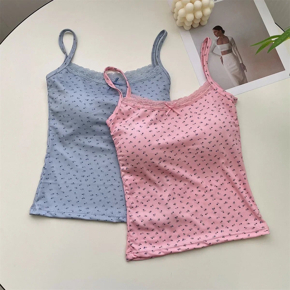 Summer Print Crop Tops for Women Bow Lace Camisole Sexy Backless Vest with Padded Basic Tank Top Bm Style Camis Y2k Streetwear - PratSN