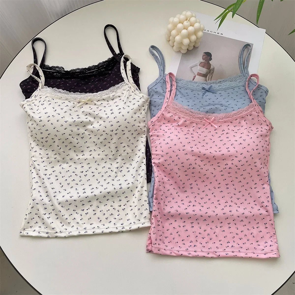 Summer Print Crop Tops for Women Bow Lace Camisole Sexy Backless Vest with Padded Basic Tank Top Bm Style Camis Y2k Streetwear - PratSN
