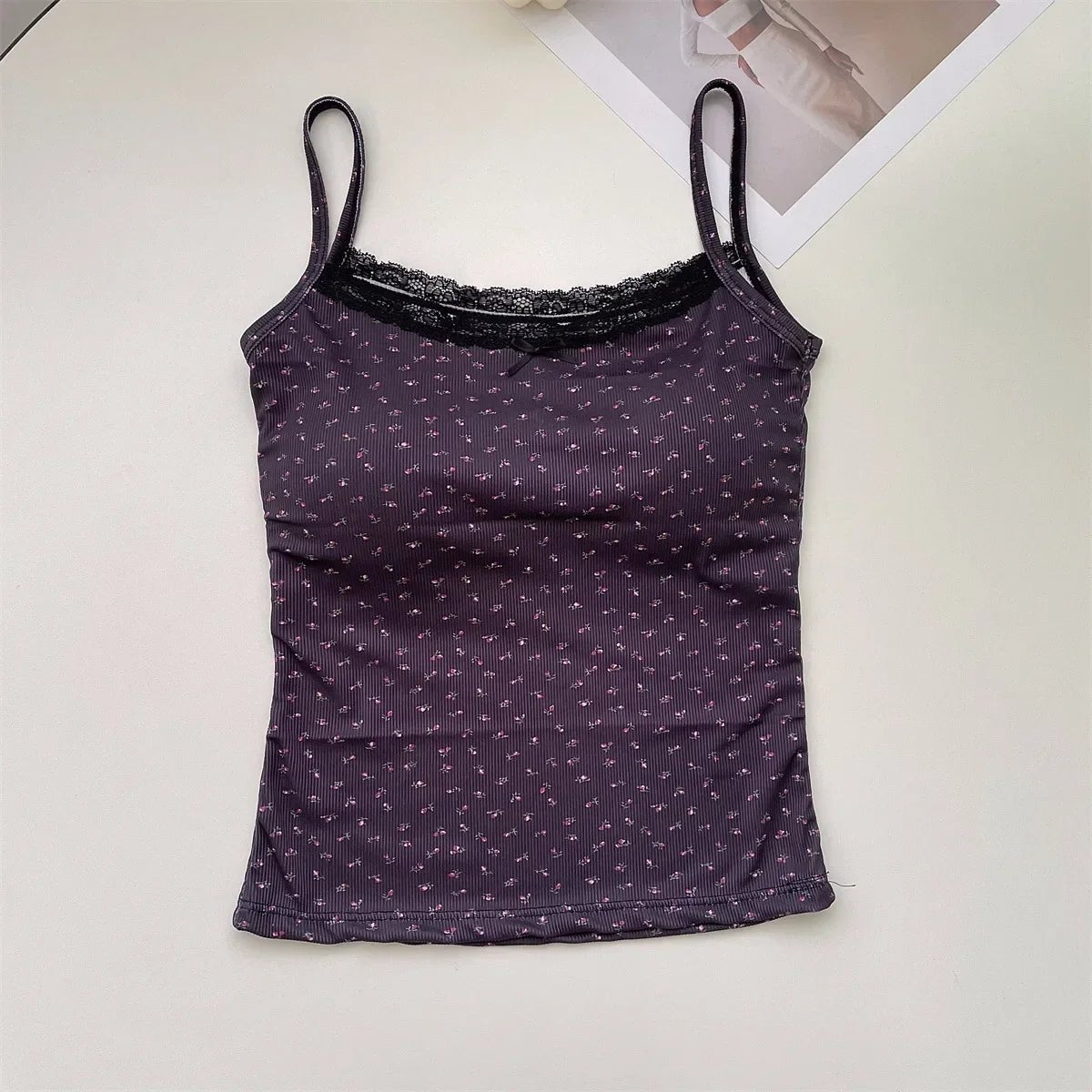 Summer Print Crop Tops for Women Bow Lace Camisole Sexy Backless Vest with Padded Basic Tank Top Bm Style Camis Y2k Streetwear - PratSN