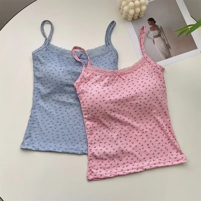 Summer Print Crop Tops for Women Bow Lace Camisole Sexy Backless Vest with Padded Basic Tank Top Bm Style Camis Y2k Streetwear - PratSN