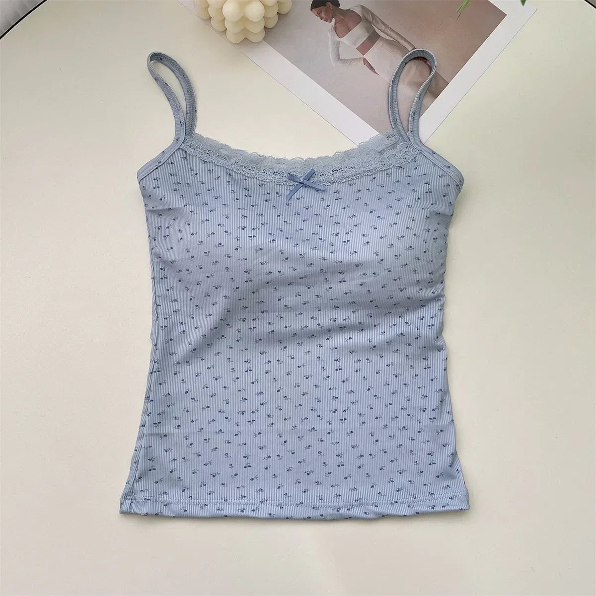 Summer Print Crop Tops for Women Bow Lace Camisole Sexy Backless Vest with Padded Basic Tank Top Bm Style Camis Y2k Streetwear - PratSN