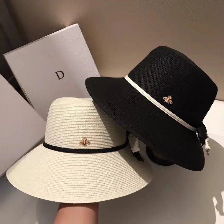 Summer straw hat, little bee, big eaves, sunshade basin hat, Japanese fine grass woven bow sun hat - PratSN