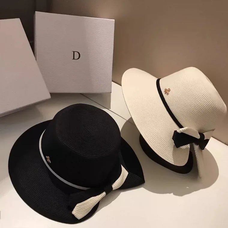 Summer straw hat, little bee, big eaves, sunshade basin hat, Japanese fine grass woven bow sun hat - PratSN