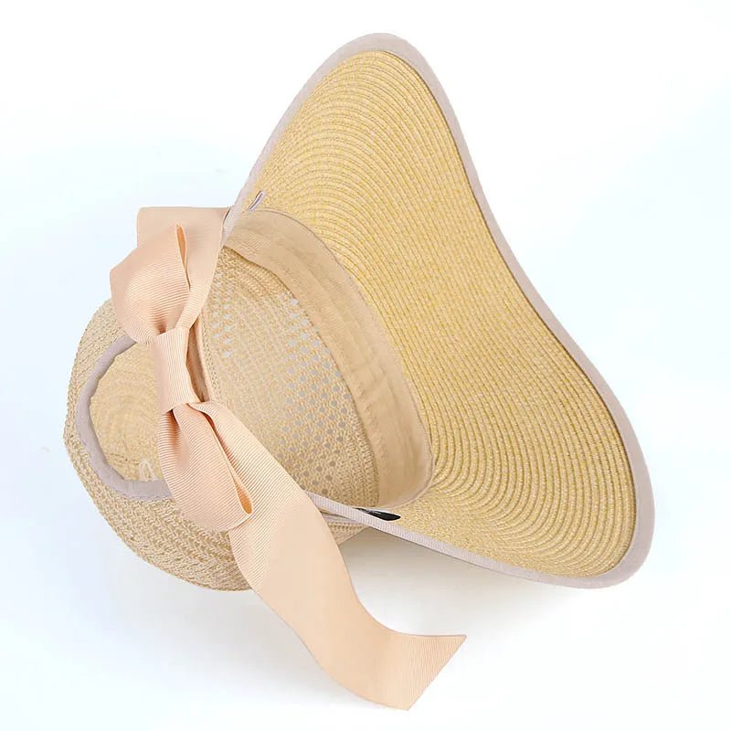 Summer Sun Hat Women Beach Accessories Wide Brim UV Protection Visor Sunshade Cap Ladies Bowknot Korean Panama Floppy Sunhat - PratSN
