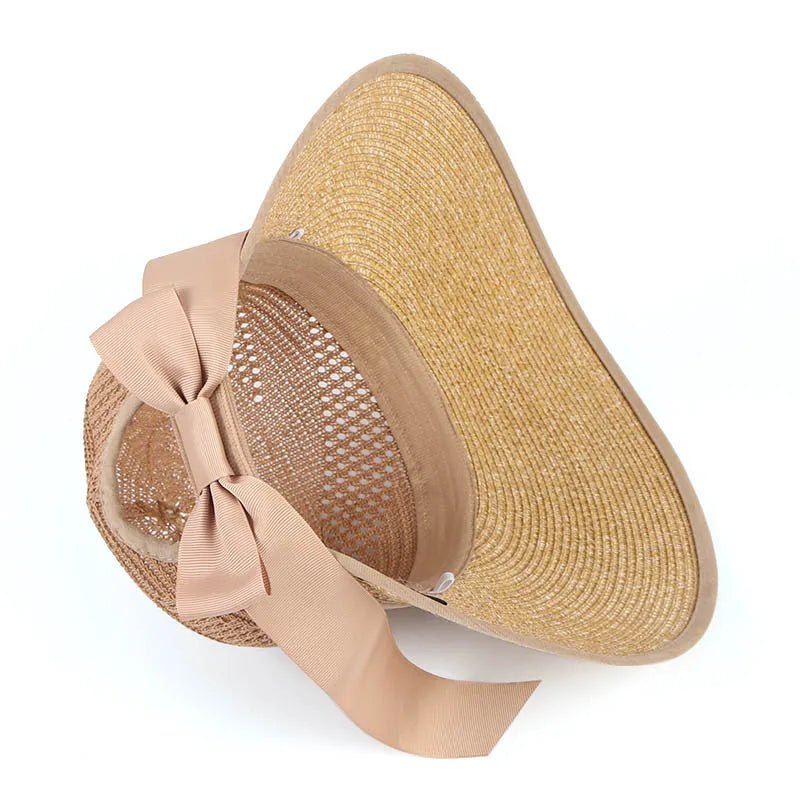 Summer Sun Hat Women Beach Accessories Wide Brim UV Protection Visor Sunshade Cap Ladies Bowknot Korean Panama Floppy Sunhat - PratSN