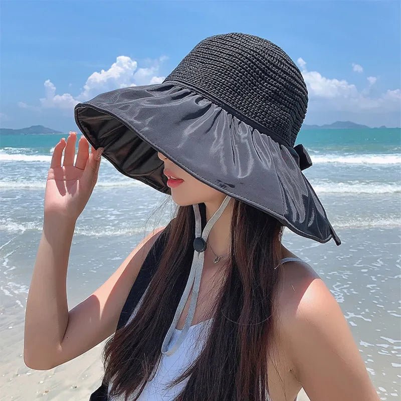 Summer Sun Hat Women Straw Woven Anti Ultraviolet Sun Visor Cap with Big Brim Seaside Black Glue Breathable Bucket Hat Korea Sty - PratSN