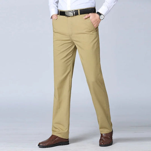 Summer Thin Autumn Thick 100% Cotton Straight Suit Pants Men's Loose Trousers Business Solid Gray Khaki Casual Brand Clothes - PratSN