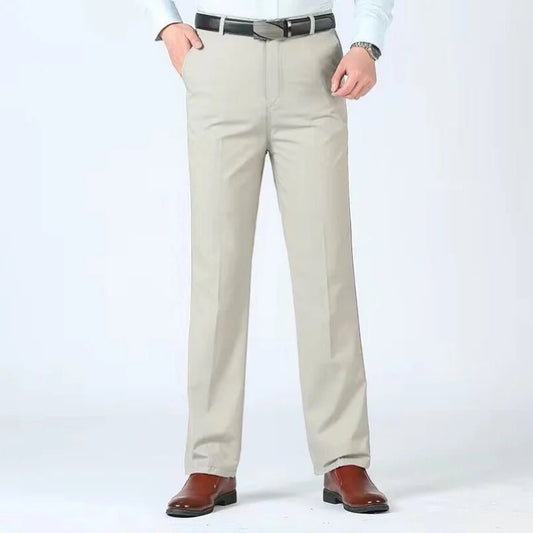 Summer Thin Autumn Thick 100% Cotton Straight Suit Pants Men's Loose Trousers Business Solid Gray Khaki Casual Brand Clothes - PratSN