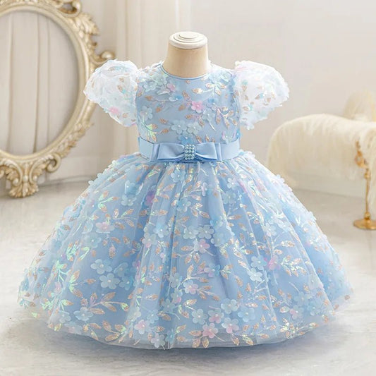 Summer Toddler Girls Sparkling Bubble Sleeve Sequin Princess Dress For Pageant Birthday Party Custom Gown With Headpiece - PratSN