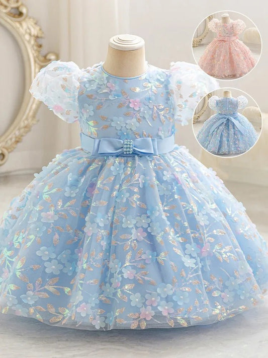 Summer Toddler Girls Sparkling Bubble Sleeve Sequin Princess Dress For Pageant Birthday Party Custom Gown With Headpiece - PratSN